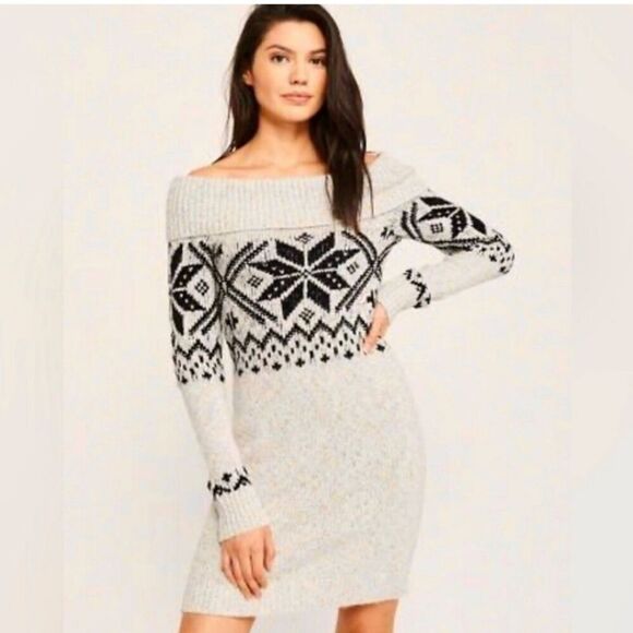 Abercrombie & Fitch Fair Isle Sweater Dress Gray Off the Shoulder Women's Small - Picture 1 of 12